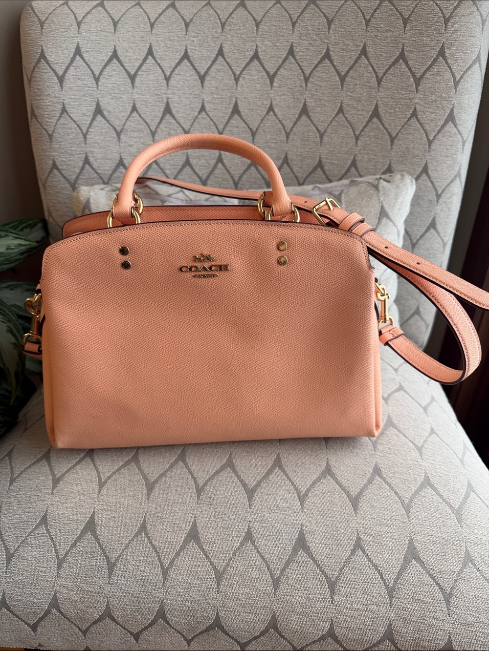 Coach Peach Coral Pebbled Leather Satchel with Gold Hardware